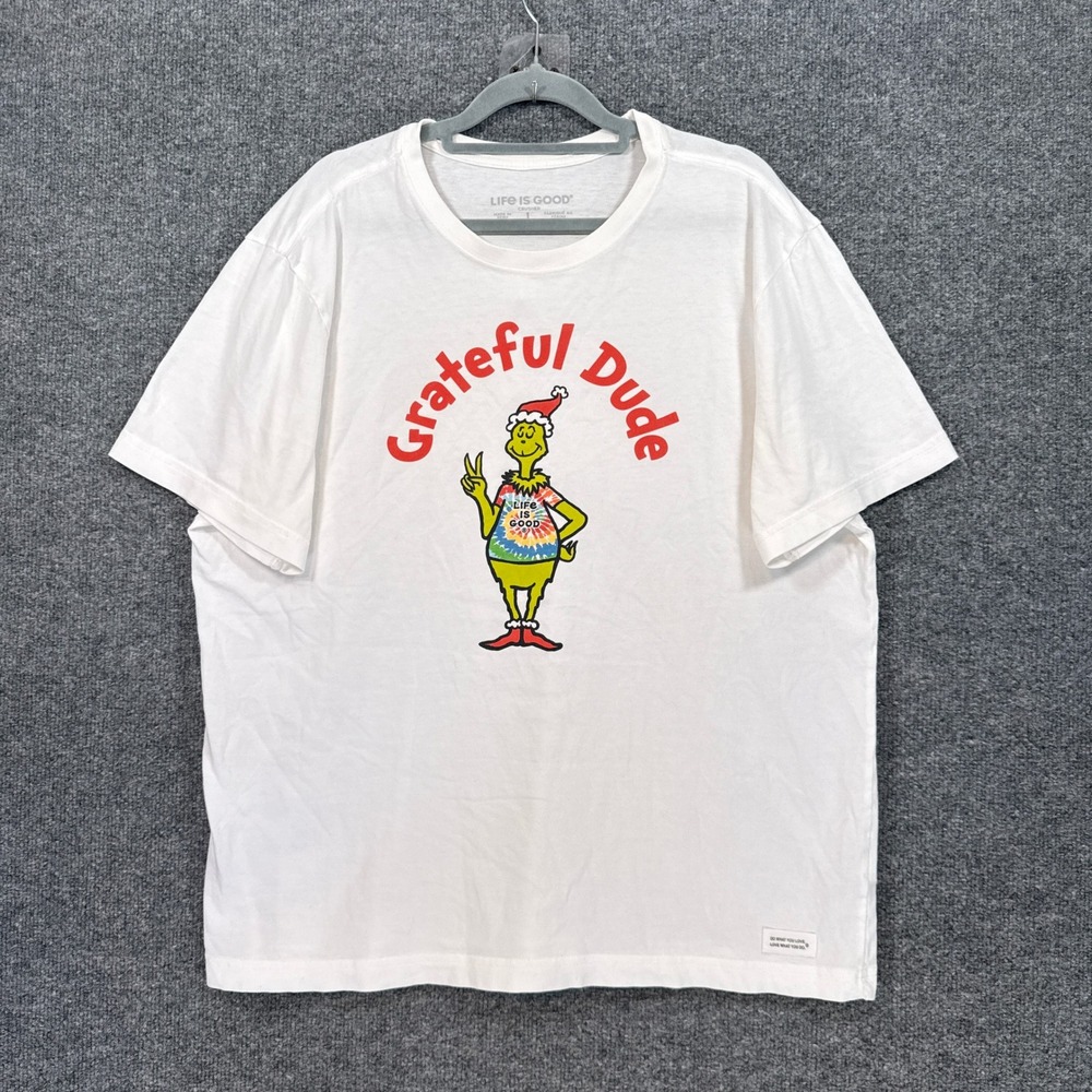 Life is Good Tshirt Mens Large White Grinch Grateful Dude Christmas Graphic Tee
